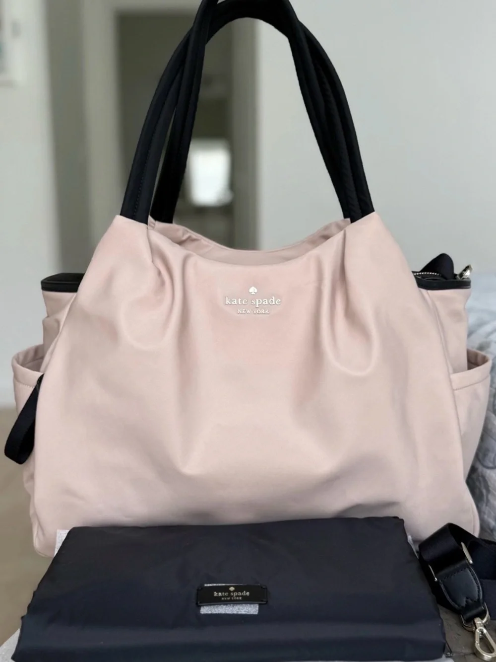 kate spade beige and black color block Chelsea diaper bag tote MSRP $399